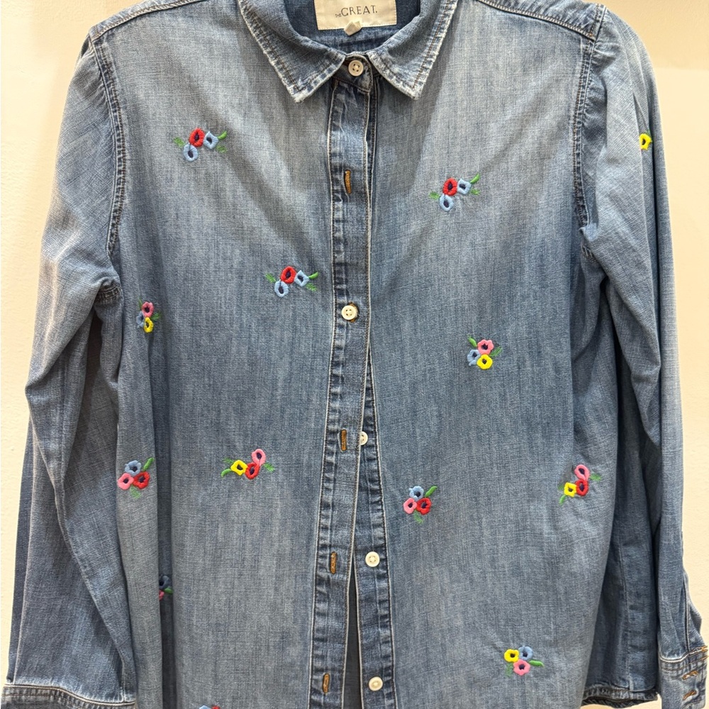 THE GREAT. Kids' Floral Embroidered Denim Shirt - Blue